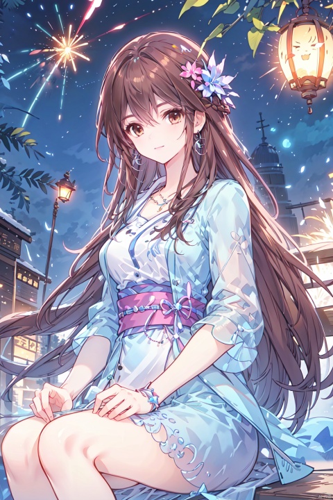  1girl, aerial_fireworks, bangs, brown_eyes, brown_hair, building, city, city_lights, cityscape, closed_mouth, earrings, fireworks, full_moon, holding, jewelry, lamppost, lantern, long_hair, looking_at_viewer, moon, night, night_sky, outdoors, paper_lantern, shooting_star, short_sleeves, sitting, sky, skyline, skyscraper, smile, solo, star_\(sky\), starry_sky, tanabata, tanzaku, yeqinxian, lactation,brown hair