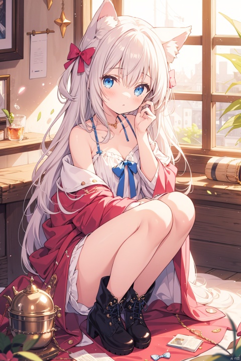  1girl, animal_ears, bangs, blue_eyes, boots, bow, closed_mouth, collarbone, eyebrows_visible_through_hair,