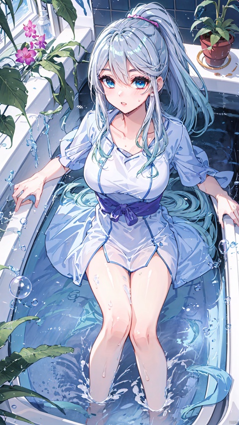  1girl, bathtub, solo, long hair, looking at viewer, window, white hair, bathing, indoors, water, soap bubbles, plant, bathroom, outstretched arms, bubble, bath, towel, blue eyes, ponytail, tiles, soap bottle, bangs, tile wall, potted plant, faucet, partially submerged, wet, blush, from above, parted lips, aqua eyes