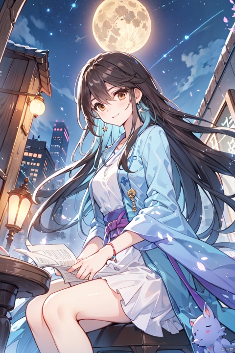  1girl, aerial_fireworks, bangs, brown_eyes, brown_hair, building, city, city_lights, cityscape, closed_mouth, earrings, fireworks, full_moon, holding, jewelry, lamppost, lantern, long_hair, looking_at_viewer, moon, night, night_sky, outdoors, paper_lantern, shooting_star, short_sleeves, lying in bed, sky, skyline, skyscraper, smile, solo, star_\(sky\), starry_sky, tanabata, tanzaku, yeqinxian, lactation,brown hair, a girl, bachong, hat, coat, multicolored hair, blue hair, white hair, backlight, houtufeng