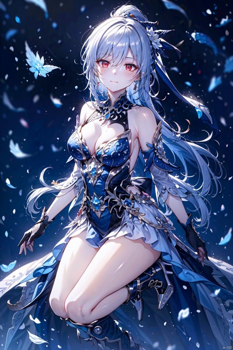  jingliu,long hair,earrings,blue-white hair,white hair,grey hair,red eyes,bangs,ponytail,blush,single earring,hair between eyes,hair ornament, jewelry,gloves,dress,blue dress,breasts,black gloves,fingerless gloves,clothing cutout,cleavage cutout,boots,closed mouth,cleavage,bare shoulders,detached sleeves,medium breasts,flower on the arm,armor,bare legs,