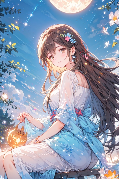  1girl, aerial_fireworks, bangs, brown_eyes, brown_hair, building, city, city_lights, cityscape, closed_mouth, earrings, fireworks, full_moon, holding, jewelry, lamppost, lantern, long_hair, looking_at_viewer, moon, night, night_sky, outdoors, paper_lantern, shooting_star, short_sleeves, sitting, sky, skyline, skyscraper, smile, solo, star_\(sky\), starry_sky, tanabata, tanzaku, yeqinxian