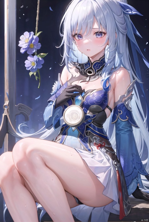  masterpiece, best quality, 1girl, barefootSqueeze your chest,, swing, gloves, solo, long hair, blue flower,jingliu,white hair, Gasp,Sweaty,Weak