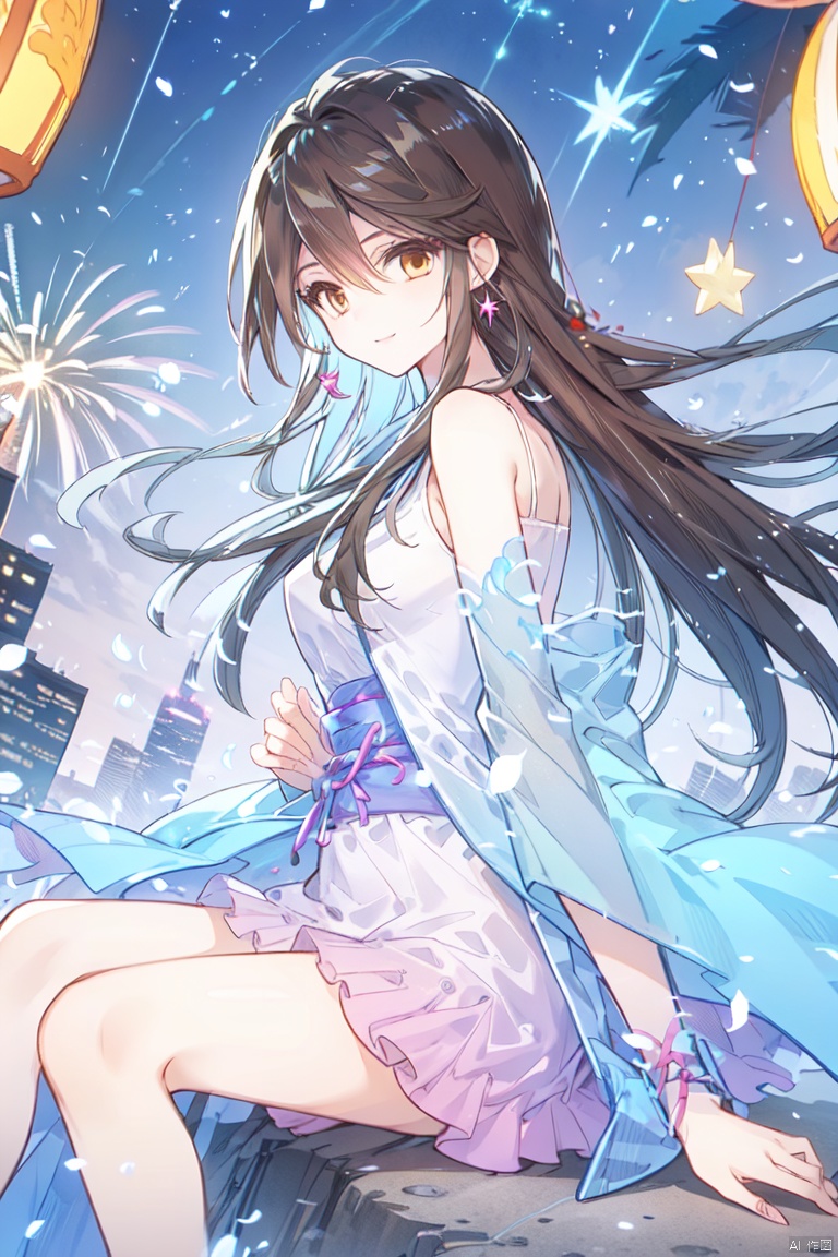  1girl, aerial_fireworks, bangs, brown_eyes, brown_hair, building, city, city_lights, cityscape, closed_mouth, earrings, fireworks, full_moon, holding, jewelry, lamppost, lantern, long_hair, looking_at_viewer, moon, night, night_sky, outdoors, paper_lantern, shooting_star, short_sleeves, sitting, sky, skyline, skyscraper, smile, solo, star_\(sky\), starry_sky, tanabata, tanzaku, yeqinxian, lactation,brown hair, a girl, bachong, hat, coat, multicolored hair, blue hair, white hair, backlight
