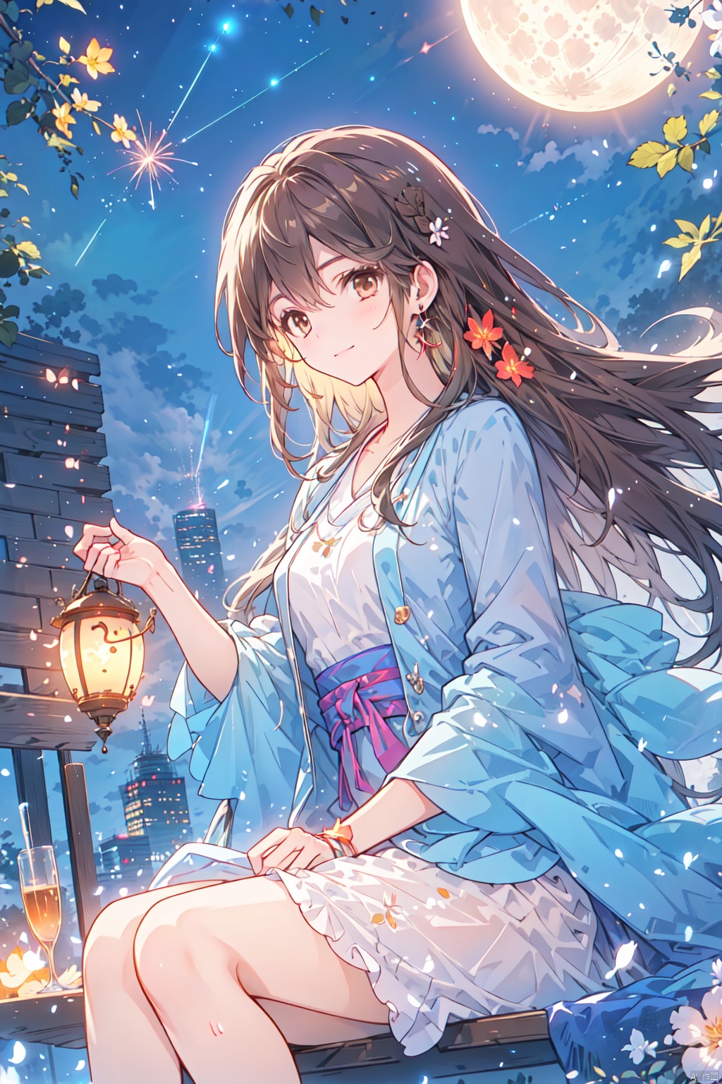  1girl, aerial_fireworks, bangs, brown_eyes, brown_hair, building, city, city_lights, cityscape, closed_mouth, earrings, fireworks, full_moon, holding, jewelry, lamppost, lantern, long_hair, looking_at_viewer, moon, night, night_sky, outdoors, paper_lantern, shooting_star, short_sleeves, sitting, sky, skyline, skyscraper, smile, solo, star_\(sky\), starry_sky, tanabata, tanzaku, yeqinxian