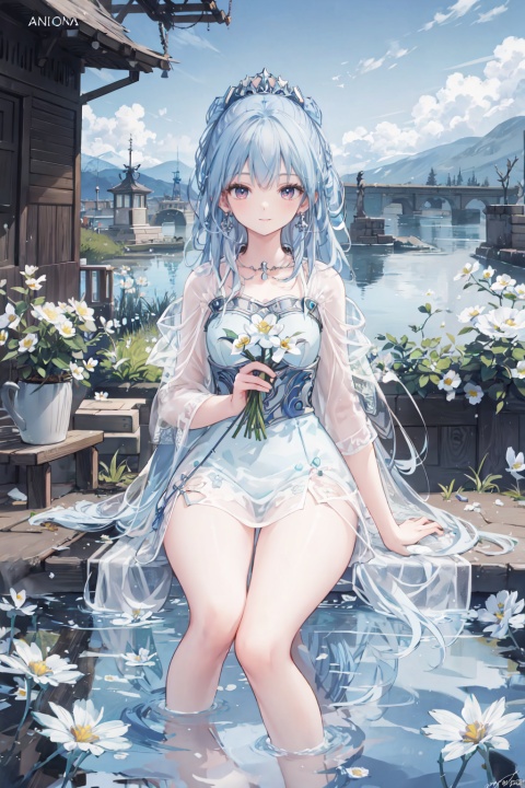  best quality, masterpiece, illustration,(reflection light),incredibly absurdres,(Movie Poster),(signature:1.3),(English text:1.3), 1girl, girl middle of flower,pure skyblue hair, red eyes,clear sky, outside,collarbone, loli, sitting, absurdly long hair, clear boundaries of the cloth, white dress, fantastic scenery, ground of flowers, thousand of flowers, colorful flowers, flowers around her, various flowers
