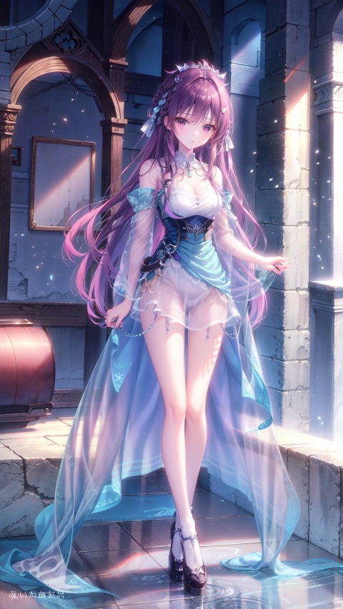 Beautiful Girl, Long Blue and pink hair, light purple dress, bare shoulders, long white tube of slim stockings, full body lens