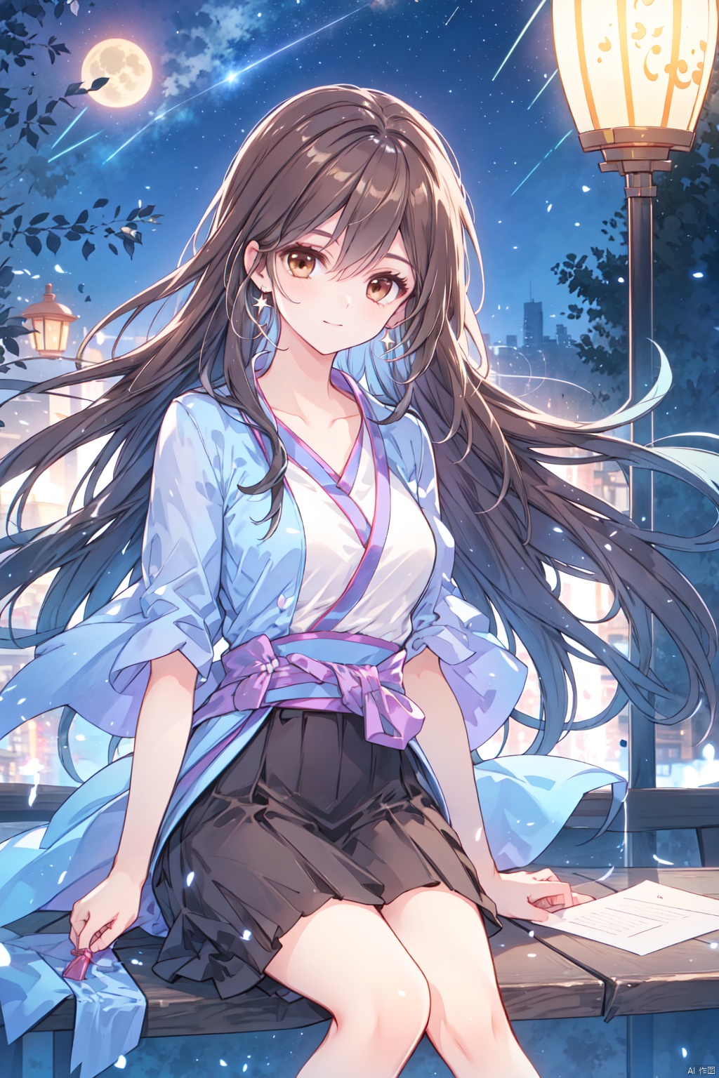  1girl, aerial_fireworks, bangs, brown_eyes, brown_hair, building, city, city_lights, cityscape, closed_mouth, earrings, fireworks, full_moon, holding, jewelry, lamppost, lantern, long_hair, looking_at_viewer, moon, night, night_sky, outdoors, paper_lantern, shooting_star, short_sleeves, sitting, sky, skyline, skyscraper, smile, solo, star_\(sky\), starry_sky, tanabata, tanzaku, yeqinxian, lactation