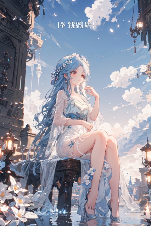  best quality, masterpiece, illustration,(reflection light),incredibly absurdres,(Movie Poster),(signature:1.3),(English text:1.3), 1girl, girl middle of flower,pure skyblue hair, red eyes,clear sky, outside,collarbone, loli, sitting, absurdly long hair, clear boundaries of the cloth, white dress, fantastic scenery, ground of flowers, thousand of flowers, colorful flowers, flowers around her, various flowers
, (\shen ming shao nv\)