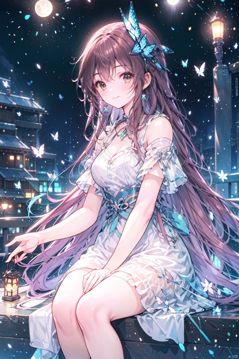  1girl, aerial_fireworks, bangs, brown_eyes, brown_hair, building, city, city_lights, cityscape, closed_mouth, earrings, fireworks, full_moon, holding, jewelry, lamppost, lantern, long_hair, looking_at_viewer, moon, night, night_sky, outdoors, paper_lantern, shooting_star, short_sleeves, sitting, sky, skyline, skyscraper, smile, solo, star_\(sky\), starry_sky, tanabata, tanzaku, yeqinxian, a girl