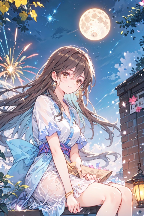  1girl, aerial_fireworks, bangs, brown_eyes, brown_hair, building, city, city_lights, cityscape, closed_mouth, earrings, fireworks, full_moon, holding, jewelry, lamppost, lantern, long_hair, looking_at_viewer, moon, night, night_sky, outdoors, paper_lantern, shooting_star, short_sleeves, sitting, sky, skyline, skyscraper, smile, solo, star_\(sky\), starry_sky, tanabata, tanzaku, yeqinxian