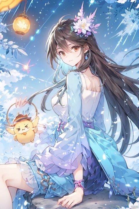  1girl, aerial_fireworks, bangs, brown_eyes, brown_hair, building, city, city_lights, cityscape, closed_mouth, earrings, fireworks, full_moon, holding, jewelry, lamppost, lantern, long_hair, looking_at_viewer, moon, night, night_sky, outdoors, paper_lantern, shooting_star, short_sleeves, sitting, sky, skyline, skyscraper, smile, solo, star_\(sky\), starry_sky, tanabata, tanzaku, yeqinxian, lactation,brown hair, a girl, bachong, hat, coat, multicolored hair, blue hair, white hair, backlight, houtufeng