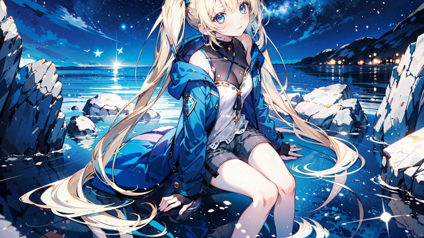  1girl,blonde hair,blue eyes,(very long twin tails,looking up),sharp hair,sitting,rocks,river,((reflection,night,star_(sky))),
stretch hand, (full body,mid shot,depth of field),(birds),(from above:1.2),dark_blue down coat,bare leg,shorts,(blurry background),backlight, xinniang