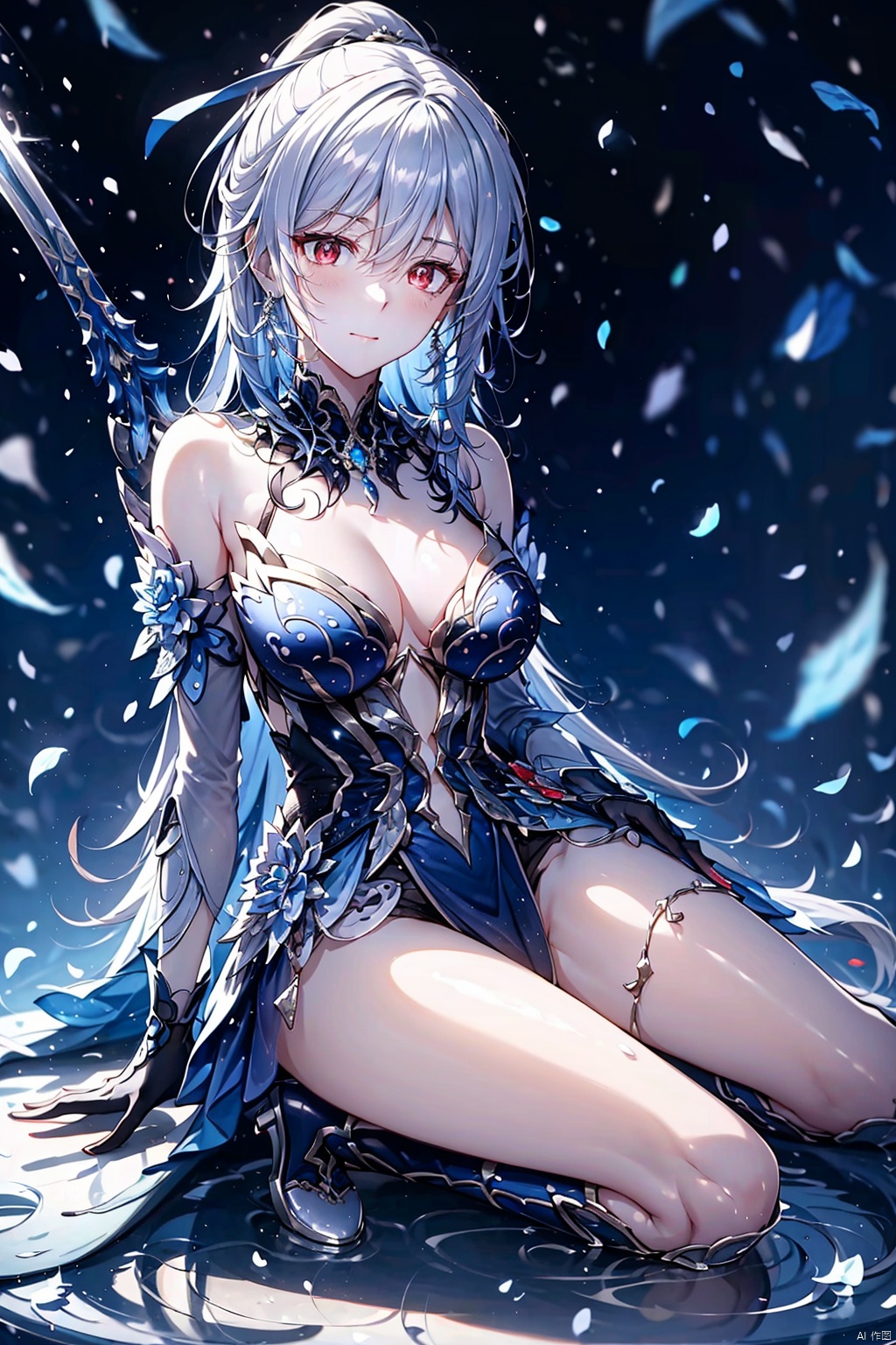 jingliu,long hair,earrings,blue-white hair,white hair,grey hair,red eyes,bangs,ponytail,blush,single earring,hair between eyes,hair ornament, jewelry,gloves,dress,blue dress,breasts,black gloves,fingerless gloves,clothing cutout,cleavage cutout,boots,closed mouth,cleavage,bare shoulders,detached sleeves,medium breasts,flower on the arm,armor,bare legs, lactationweapon,sword,holding sword, lactation