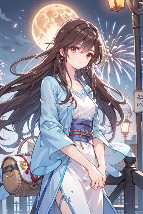  1girl, aerial_fireworks, bangs, brown_eyes, brown_hair, building, city, city_lights, cityscape, closed_mouth, earrings, fireworks, full_moon, holding, jewelry, lamppost, lantern, long_hair, looking_at_viewer, moon, night, night_sky, outdoors, paper_lantern, shooting_star, short_sleeves, sleep in the bed
