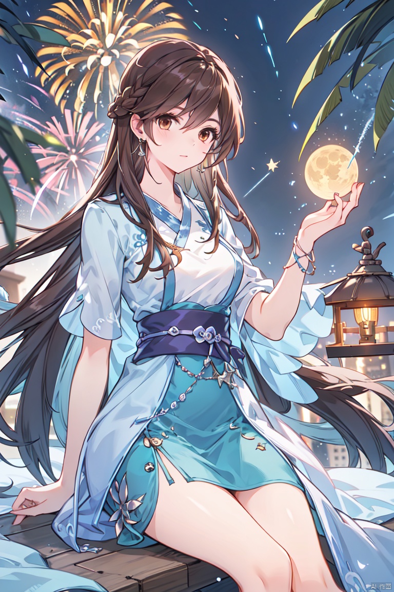 1girl, aerial_fireworks, bangs, brown_eyes, brown_hair, building, city, city_lights, cityscape, closed_mouth, earrings, fireworks, full_moon, holding, jewelry, lamppost, lantern, long_hair, looking_at_viewer, moon, night, night_sky, outdoors, paper_lantern, shooting_star, short_sleeves, lying in bed, yeqinxian