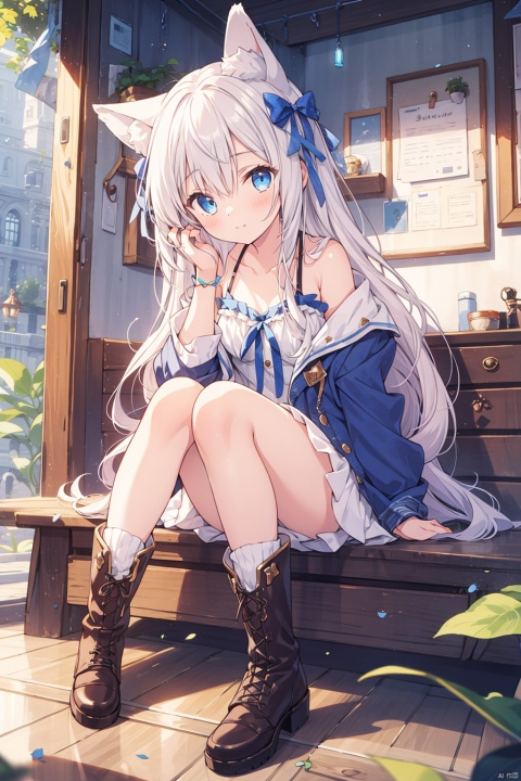  1girl, animal_ears, bangs, blue_eyes, boots, bow, closed_mouth, collarbone, eyebrows_visible_through_hair,