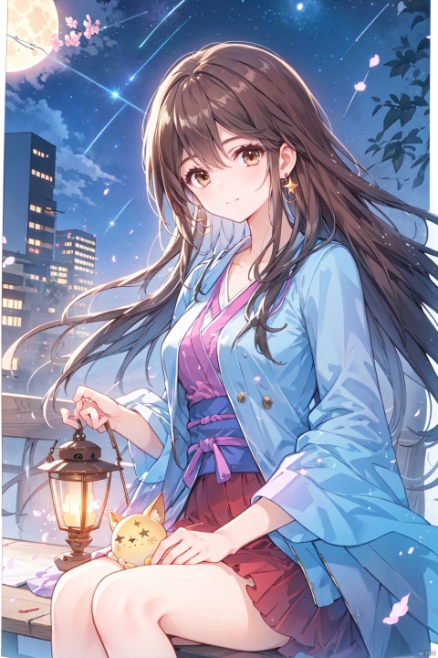  1girl, aerial_fireworks, bangs, brown_eyes, brown_hair, building, city, city_lights, cityscape, closed_mouth, earrings, fireworks, full_moon, holding, jewelry, lamppost, lantern, long_hair, looking_at_viewer, moon, night, night_sky, outdoors, paper_lantern, shooting_star, short_sleeves, sitting, sky, skyline, skyscraper, smile, solo, star_\(sky\), starry_sky, tanabata, tanzaku, yeqinxian, lactation