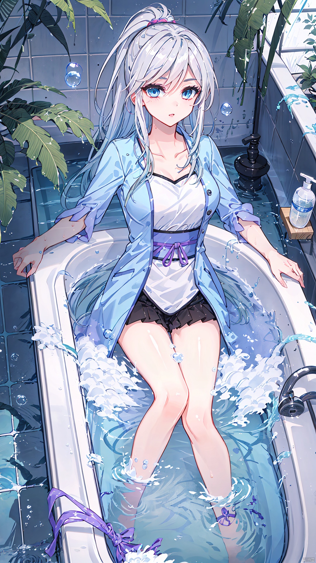  1girl, bathtub, solo, long hair, looking at viewer, window, white hair, bathing, indoors, water, soap bubbles, plant, bathroom, outstretched arms, bubble, bath, towel, blue eyes, ponytail, tiles, soap bottle, bangs, tile wall, potted plant, faucet, partially submerged, wet, blush, from above, parted lips, aqua eyes