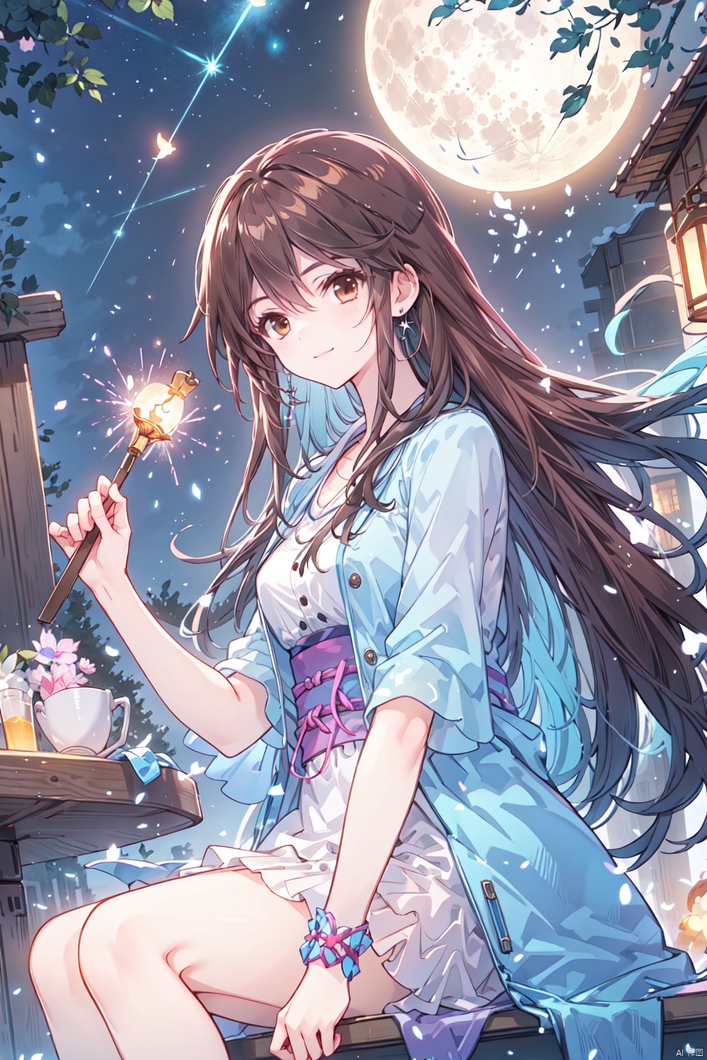  1girl, aerial_fireworks, bangs, brown_eyes, brown_hair, building, city, city_lights, cityscape, closed_mouth, earrings, fireworks, full_moon, holding, jewelry, lamppost, lantern, long_hair, looking_at_viewer, moon, night, night_sky, outdoors, paper_lantern, shooting_star, short_sleeves, sitting, sky, skyline, skyscraper, smile, solo, star_\(sky\), starry_sky, tanabata, tanzaku, yeqinxian