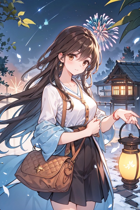 1girl, aerial_fireworks, bangs, brown_eyes, brown_hair, building, city, city_lights, cityscape, closed_mouth, earrings, fireworks, full_moon, holding, jewelry, lamppost, lantern, long_hair, looking_at_viewer, moon, night, night_sky, outdoors, paper_lantern, shooting_star, short_sleeves, sleep in the bed