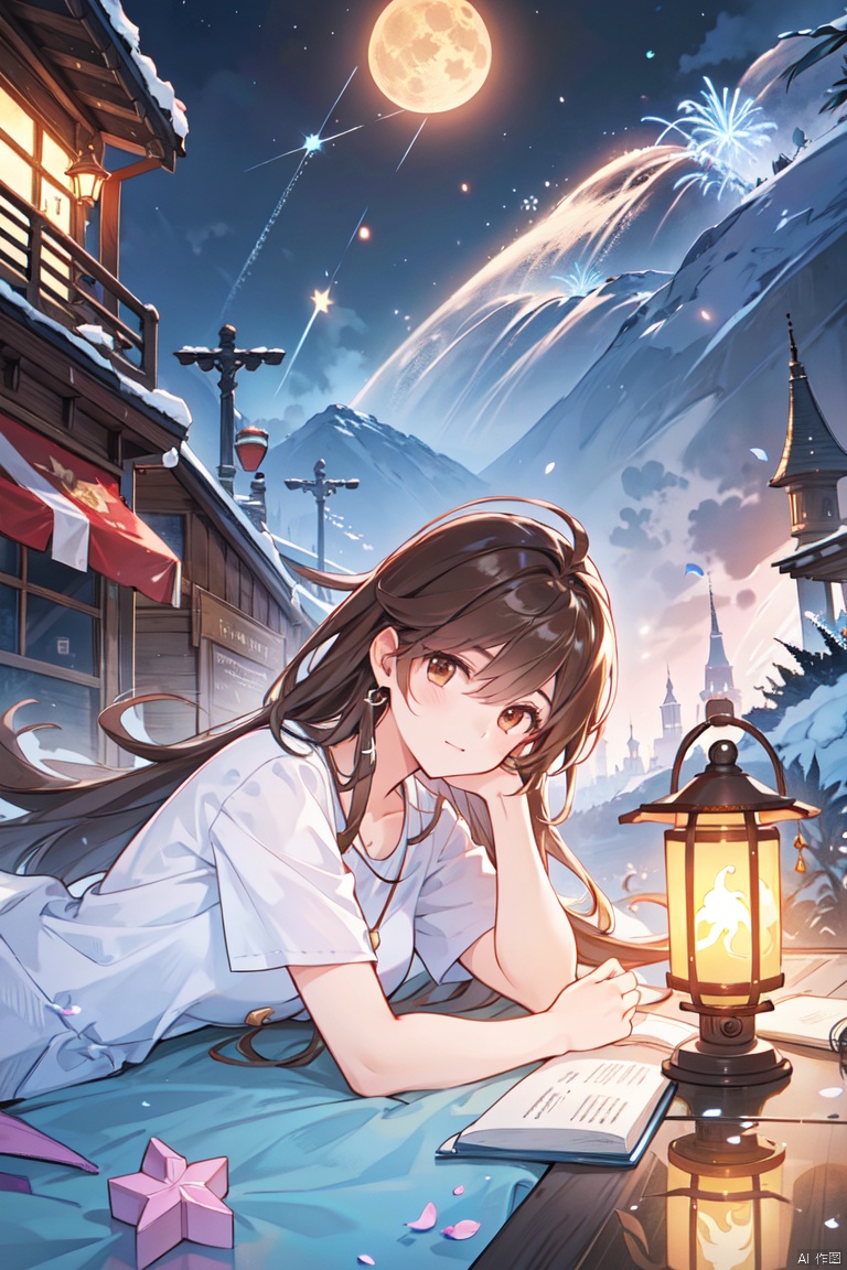  1girl, aerial_fireworks, bangs, brown_eyes, brown_hair, building, city, city_lights, cityscape, closed_mouth, earrings, fireworks, full_moon, holding, jewelry, lamppost, lantern, long_hair, looking_at_viewer, moon, night, night_sky, outdoors, paper_lantern, shooting_star, short_sleeves, lying in bed