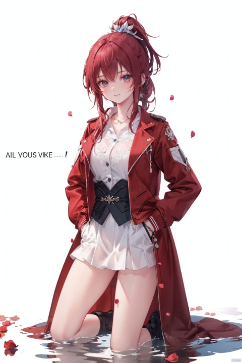  1girl,Pink hair,Yellow eyes, (red Jacket),high ponytail,white collared shirt,hair flower,fipped hair,floating hair,Frown,hands in pockets, kneeling on lake, blood, (plenty of red petals:1.35), (white background:1.5), (English text),


 Highest picture quality, masterpiece, exquisite CG, exquisite and complicated hair accessories, big watery eyes, highlights, natural light, Super realistic, cinematic lighting texture, absolutely beautiful, 3D max, vray, c4d, ue5, corona rendering, redshift, octane rendering, （Show whole body）, （all body）,