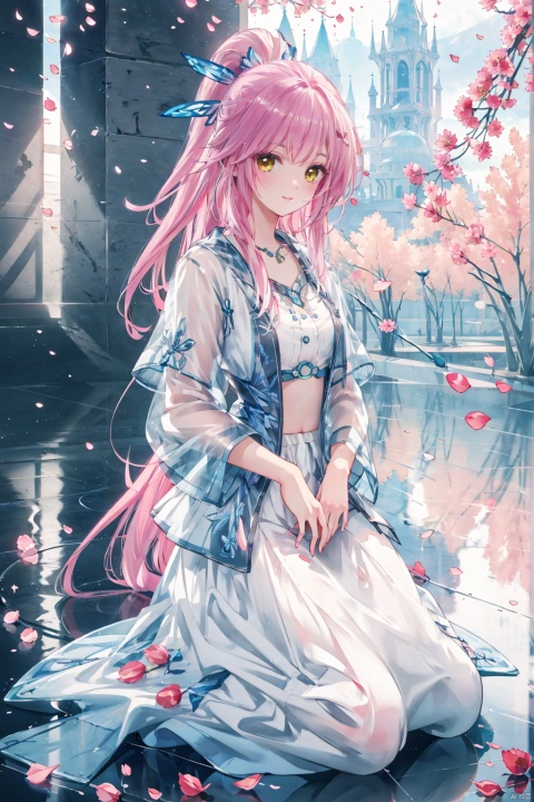  1girl,Pink hair,Yellow eyes, ,high ponytail,white collared shirt,hair flower,fipped hair,floating hair,Frown,hands in pockets, kneeling on lake, blood, (plenty of red petals:1.35), (white background:1.5), (English text),


 Highest picture quality, masterpiece, exquisite CG, exquisite and complicated hair accessories, big watery eyes, highlights, natural light, Super realistic, cinematic lighting texture, absolutely beautiful, 3D max, vray, c4d, ue5, corona rendering, redshift, octane rendering, （Show whole body）, （all body）, a girl, yeqinxian