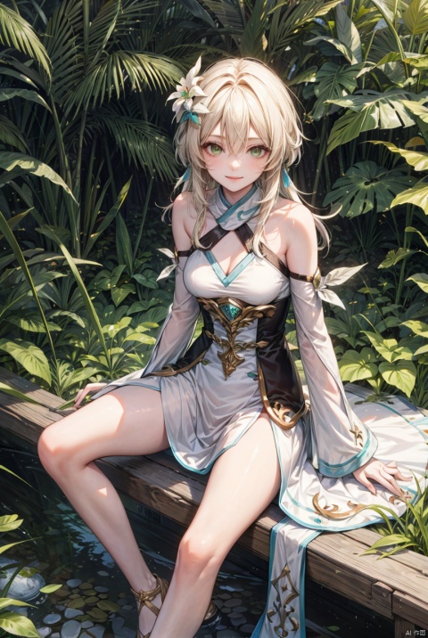 1girl, solo, long hair, breasts, looking at viewer, smile, bangs, hair ornament, dress, hair between eyes, bare shoulders, sitting, closed mouth, green eyes, white hair, outdoors, detached sleeves, white dress, lips, watermark, leaf hair ornament,whole body,long legs, yeqinxian, lora_eyes10