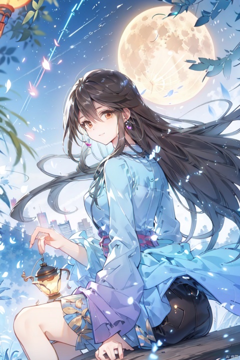  1girl, aerial_fireworks, bangs, brown_eyes, brown_hair, building, city, city_lights, cityscape, closed_mouth, earrings, fireworks, full_moon, holding, jewelry, lamppost, lantern, long_hair, looking_at_viewer, moon, night, night_sky, outdoors, paper_lantern, shooting_star, short_sleeves, sitting, sky, skyline, skyscraper, smile, solo, star_\(sky\), starry_sky, tanabata, tanzaku, yeqinxian, lactation,brown hair, a girl, bachong, hat, coat, multicolored hair, blue hair, white hair, backlight, houtufeng