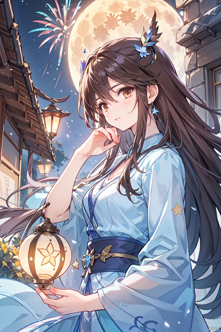  1girl, aerial_fireworks, bangs, brown_eyes, brown_hair, building, city, city_lights, cityscape, closed_mouth, earrings, fireworks, full_moon, holding, jewelry, lamppost, lantern, long_hair, looking_at_viewer, moon, night, night_sky, outdoors, paper_lantern, shooting_star, short_sleeves, sleep in the bed
