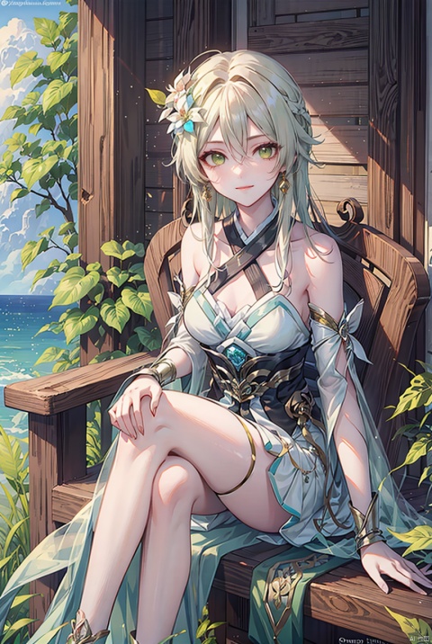 1girl, solo, long hair, breasts, looking at viewer, smile, bangs, hair ornament, dress, hair between eyes, bare shoulders, sitting, closed mouth, green eyes, white hair, outdoors, detached sleeves, white dress, lips, watermark, leaf hair ornament,whole body,long legs, yeqinxian, lora_eyes10, backlight
