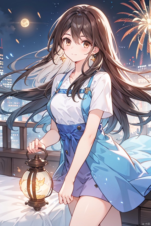  1girl, aerial_fireworks, bangs, brown_eyes, brown_hair, building, city, city_lights, cityscape, closed_mouth, earrings, fireworks, full_moon, holding, jewelry, lamppost, lantern, long_hair, looking_at_viewer, moon, night, night_sky, outdoors, paper_lantern, shooting_star, short_sleeves, lying in bed