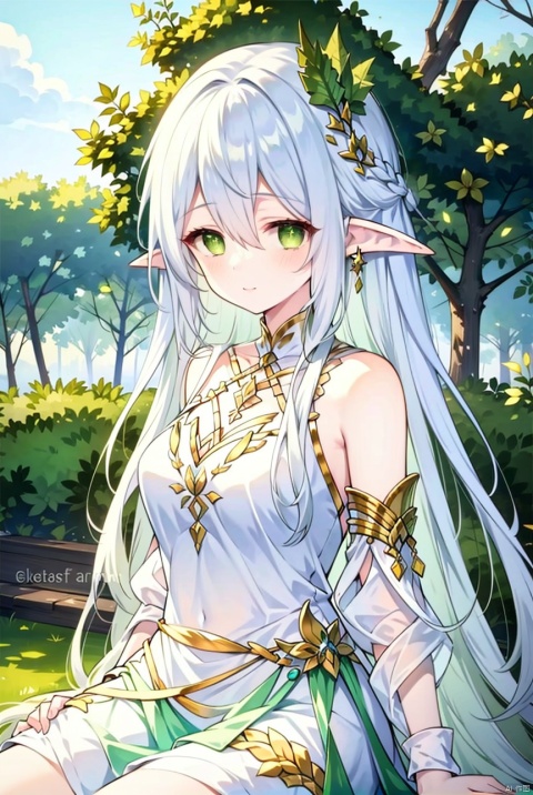 1girl, solo, long hair, breasts, looking at viewer, smile, bangs, hair ornament, dress, hair between eyes, bare shoulders, sitting, closed mouth, green eyes, white hair, outdoors, detached sleeves, pointy ears, white dress, lips, watermark, elf, leaf hair ornament