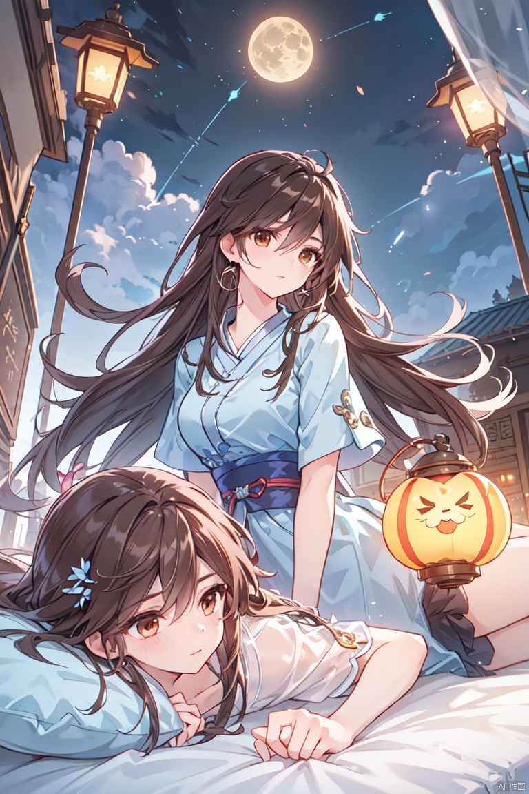  1girl, aerial_fireworks, bangs, brown_eyes, brown_hair, building, city, city_lights, cityscape, closed_mouth, earrings, fireworks, full_moon, holding, jewelry, lamppost, lantern, long_hair, looking_at_viewer, moon, night, night_sky, outdoors, paper_lantern, shooting_star, short_sleeves, lie down on the bed
, yeqinxian