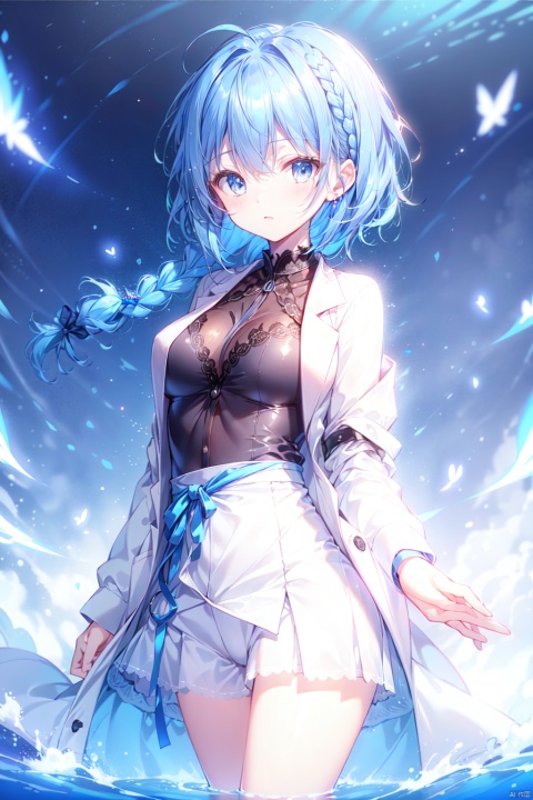  masterpiece,(an extremely detailed and delicate),(labcoat),ray tracing,(loli),(solo),(petite),Reflected light,(blue hair)++(blue eyes)++Messy hair++Flipped hair++floating hair++(braid),large breasts,(very Brilliant brilliance),(very detailed light),(Beautiful Lighting)