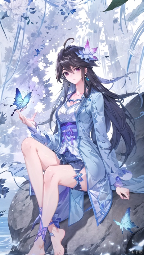  masterpiece, best quality, PIXIV,Focalors,Focalors, 1girl, barefoot, feet, soles, swing, gloves, toes, thigh strap, solo, long hair, sitting, blue flower, hat, ahoge, flower, long sleeves, legs, chain, white gloves, looking at viewer, bare legs, jacket, full body, very long hair, blue jacket, butterfly, bug, thighs, bangs, jewelry, earrings, blue headwear, shorts, closed mouth, hat flower, blue rose, outdoors, holding, foot focus, figure four sitting,