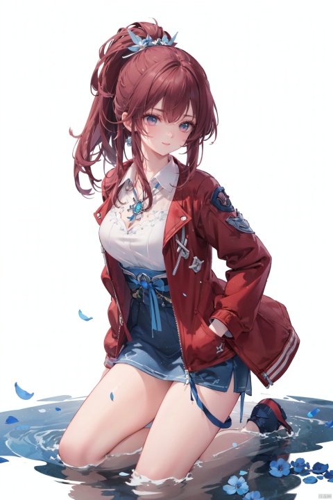  1girl,Pink hair,Yellow eyes, (red Jacket),high ponytail,white collared shirt,hair flower,fipped hair,floating hair,Frown,hands in pockets, kneeling on lake, blood, (plenty of blue petals:1.35), (white background:1.5), (English text),


 Highest picture quality, masterpiece, exquisite CG, exquisite and complicated hair accessories, big watery eyes, highlights, natural light, Super realistic, cinematic lighting texture, absolutely beautiful, 3D max, vray, c4d, ue5, corona rendering, redshift, octane rendering, （Show whole body）, （all body）,
