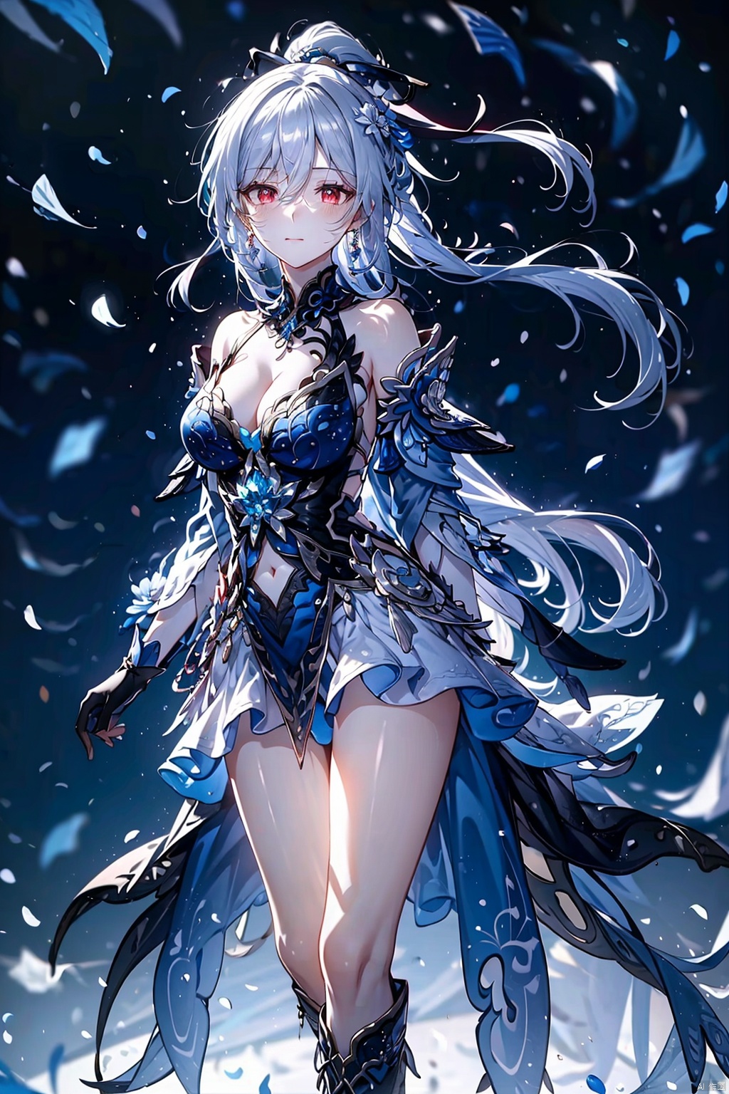  jingliu,long hair,earrings,blue-white hair,white hair,grey hair,red eyes,bangs,ponytail,blush,single earring,hair between eyes,hair ornament, jewelry,gloves,dress,blue dress,breasts,black gloves,fingerless gloves,clothing cutout,cleavage cutout,boots,closed mouth,cleavage,bare shoulders,detached sleeves,medium breasts,flower on the arm,armor,bare legs, backlight