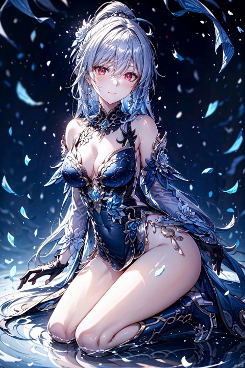 jingliu,long hair,earrings,blue-white hair,white hair,grey hair,red eyes,bangs,ponytail,blush,single earring,hair between eyes,hair ornament, jewelry,gloves,dress,blue dress,breasts,black gloves,fingerless gloves,clothing cutout,cleavage cutout,boots,closed mouth,cleavage,bare shoulders,detached sleeves,medium breasts,flower on the arm,armor,bare legs, 