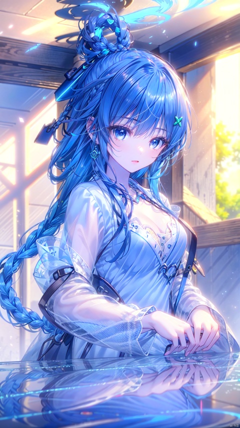  masterpiece,(an extremely detailed and delicate),(labcoat),ray tracing,(loli),(solo),(petite),Reflected light,(blue hair)++(blue eyes)++Messy hair++Flipped hair++floating hair++(braid),large breasts,(very Brilliant brilliance),(very detailed light),(Beautiful Lighting), yeqinxian