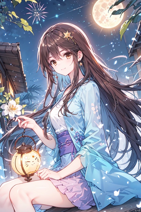  1girl, aerial_fireworks, bangs, brown_eyes, brown_hair, building, city, city_lights, cityscape, closed_mouth, earrings, fireworks, full_moon, holding, jewelry, lamppost, lantern, long_hair, looking_at_viewer, moon, night, night_sky, outdoors, paper_lantern, shooting_star, short_sleeves, sitting, sky, skyline, skyscraper, smile, solo, star_\(sky\), starry_sky, tanabata, tanzaku, yeqinxian