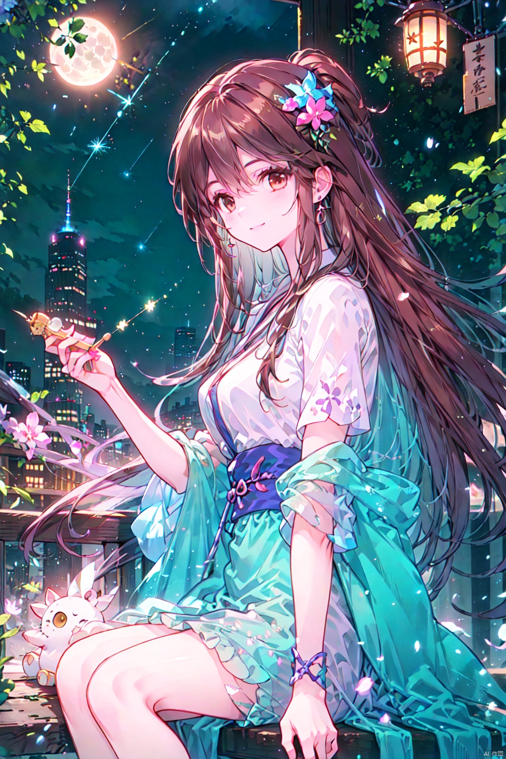  1girl, aerial_fireworks, bangs, brown_eyes, brown_hair, building, city, city_lights, cityscape, closed_mouth, earrings, fireworks, full_moon, holding, jewelry, lamppost, lantern, long_hair, looking_at_viewer, moon, night, night_sky, outdoors, paper_lantern, shooting_star, short_sleeves, sitting, sky, skyline, skyscraper, smile, solo, star_\(sky\), starry_sky, tanabata, tanzaku, yeqinxian, lactation,brown hair, a girl