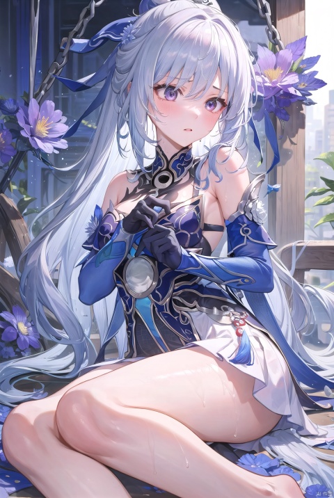  masterpiece, best quality, 1girl, barefootSqueeze your chest,, swing, gloves, solo, long hair, blue flower,jingliu,white hair, Gasp,Sweaty,Weak