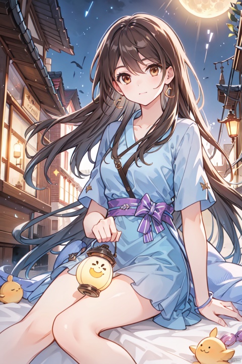  1girl, aerial_fireworks, bangs, brown_eyes, brown_hair, building, city, city_lights, cityscape, closed_mouth, earrings, fireworks, full_moon, holding, jewelry, lamppost, lantern, long_hair, looking_at_viewer, moon, night, night_sky, outdoors, paper_lantern, shooting_star, short_sleeves, lying in bed