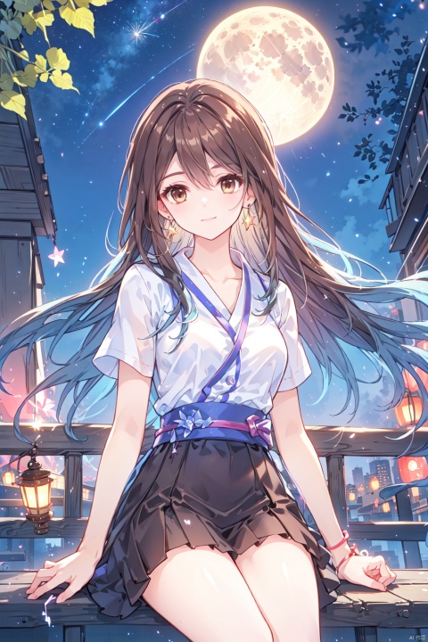  1girl, aerial_fireworks, bangs, brown_eyes, brown_hair, building, city, city_lights, cityscape, closed_mouth, earrings, fireworks, full_moon, holding, jewelry, lamppost, lantern, long_hair, looking_at_viewer, moon, night, night_sky, outdoors, paper_lantern, shooting_star, short_sleeves, sitting, sky, skyline, skyscraper, smile, solo, star_\(sky\), starry_sky, tanabata, tanzaku, yeqinxian, lactation