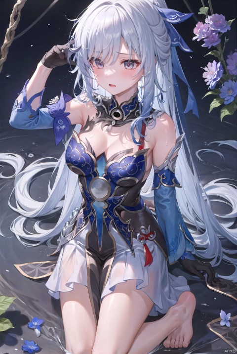  masterpiece, best quality, 1girl, barefoot,Ravaging one's own breasts, swing, gloves,, long hair, blue flower,jingliu,white hair, Gasp,Sweaty,Weak