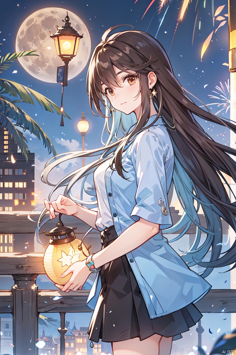  1girl, aerial_fireworks, bangs, brown_eyes, brown_hair, building, city, city_lights, cityscape, closed_mouth, earrings, fireworks, full_moon, holding, jewelry, lamppost, lantern, long_hair, looking_at_viewer, moon, night, night_sky, outdoors, paper_lantern, shooting_star, short_sleeves, sleep in the bed