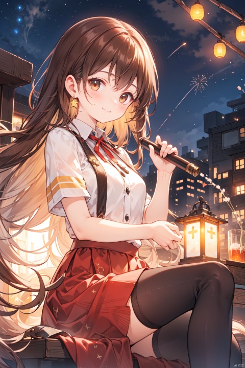  1girl, aerial_fireworks, bangs, brown_eyes, brown_hair, building, city, city_lights, cityscape, closed_mouth, earrings, fireworks, full_moon, holding, jewelry, lamppost, lantern, long_hair, looking_at_viewer, moon, night, night_sky, outdoors, paper_lantern, shooting_star, short_sleeves, sitting, sky, skyline, skyscraper, smile, solo, star_\(sky\), starry_sky, tanabata, tanzaku