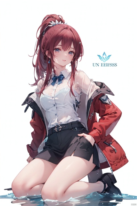  1girl,Pink hair,Yellow eyes, (red Jacket),high ponytail,white collared shirt,hair flower,fipped hair,floating hair,Frown,hands in pockets, kneeling on lake, blood, (white background:1.5), (English text),


 Highest picture quality, masterpiece, exquisite CG, exquisite and complicated hair accessories, big watery eyes, highlights, natural light, Super realistic, cinematic lighting texture, absolutely beautiful, 3D max, vray, c4d, ue5, corona rendering, redshift, octane rendering, （Show whole body）, （all body）,